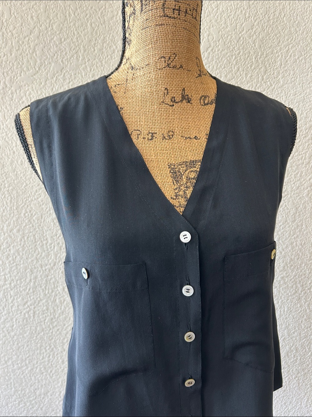 Sleeveless V-Neck Black Button-Front Blouse